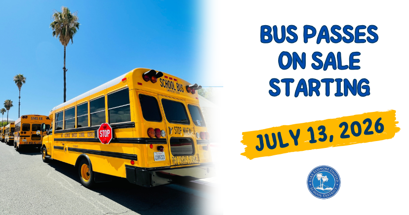 Yellow school buses parked along a street with text announcing LEUSD bus passes on sale starting July 13, 2026.