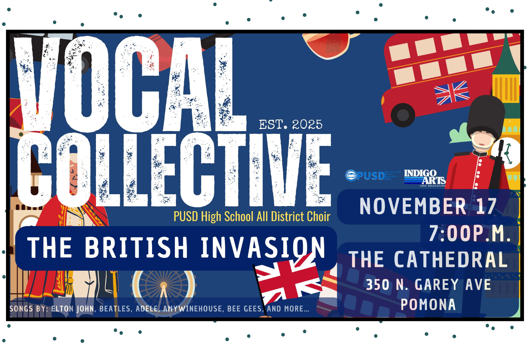 Shuffle homepage banner for the Vocal Collective - PUSD District Choir performance on November 17, 2026 at the Cathedral in Pomona, CA. Show begins at 7:00PM