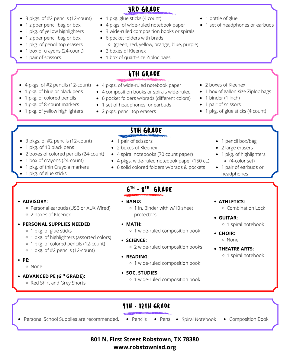 A school supply list organized by grade levels from 3rd to 12th, including various items.