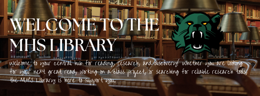 Library interior with bookshelves and a bearcat mascot logo.