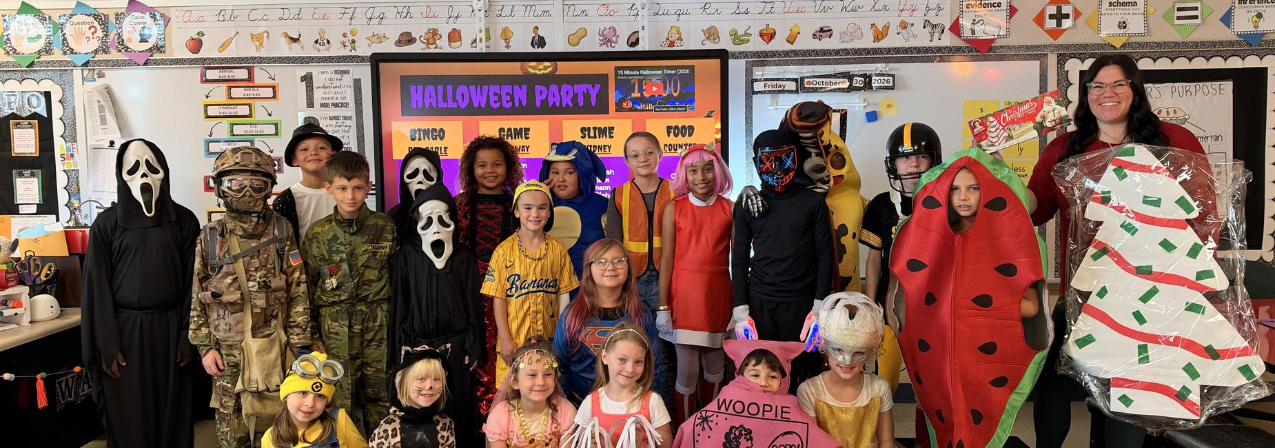 Ms. Walling's 3rd grade class in Halloween costumes
