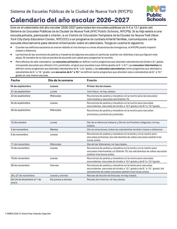 NYCPS Calendar Page 1 (Spanish)