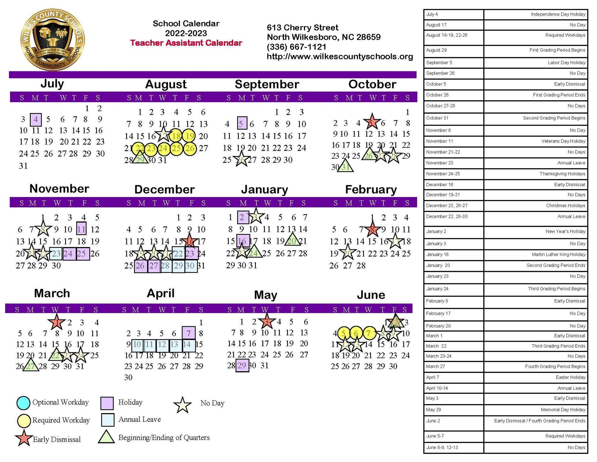 District Calendars District Wilkes County Schools