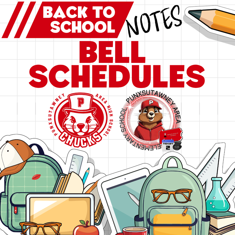 Backpack and school supplies with PAES and PAHS logos and Bell Schedules text