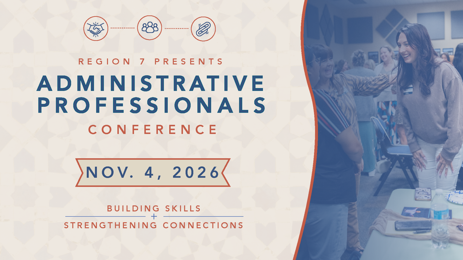 Administrative Professionals Conference graphic with attendees networking.