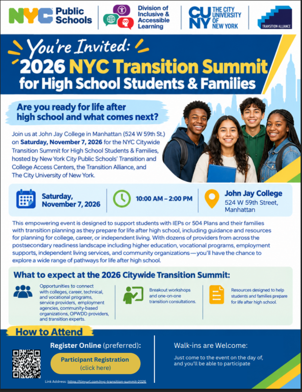 Event invitation for NYC Transition Summit with details and diverse group of students.