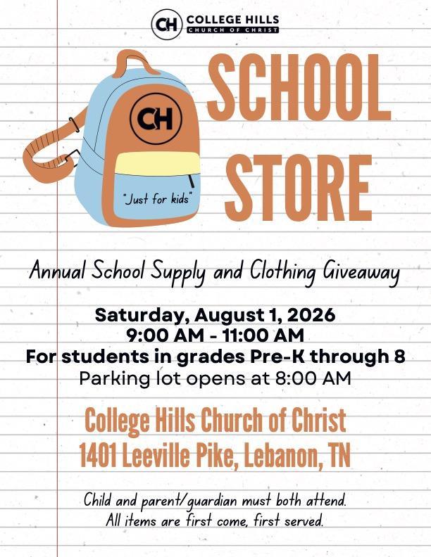 School Store flyer opens this Saturday, 8/1 at College Hills Church