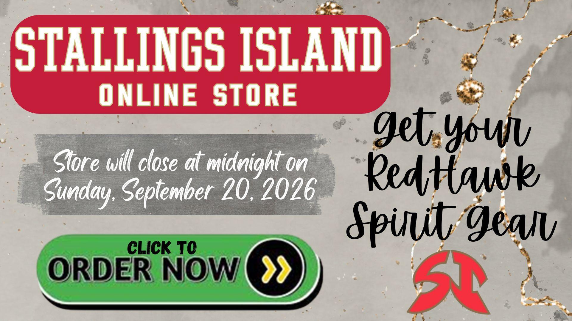 Promotional graphic for Stallings Island online store with text and buttons.
