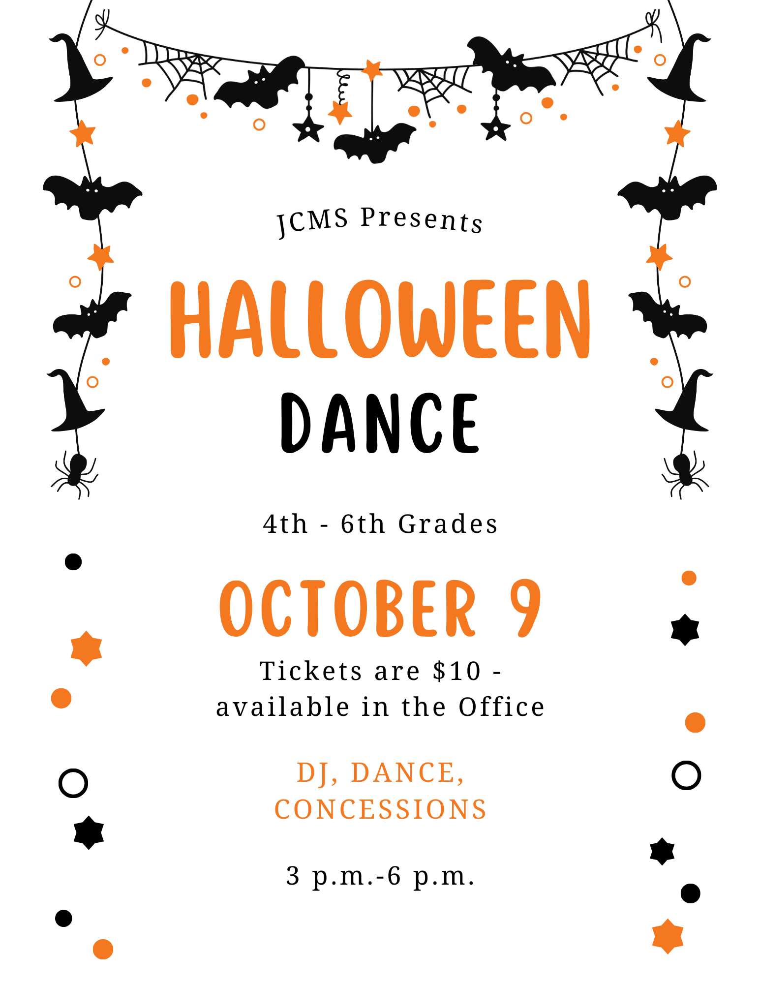 The Halloween Dance for 4th-6th grades will be October 9th! Tickets are $10 and are available in the office! The dance will be from 3-6 p.m.