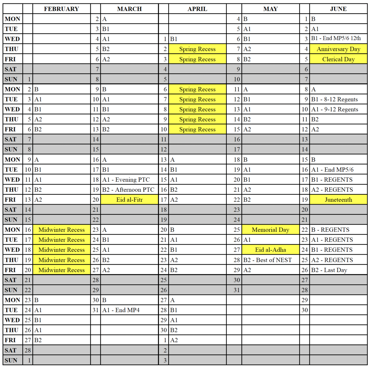 An image of the alternating day A/B calendar.