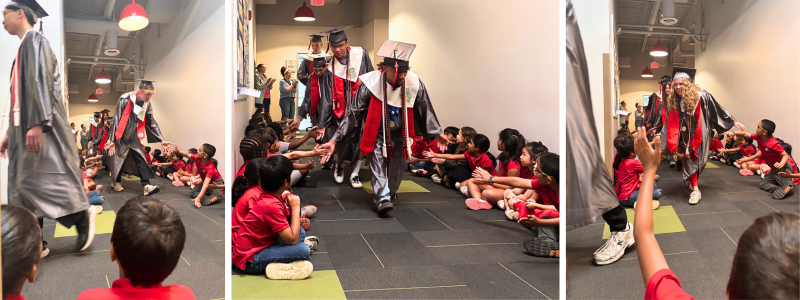 Seniors in caps, gowns, red sashes, and cords high-five kindergartners in the hallways