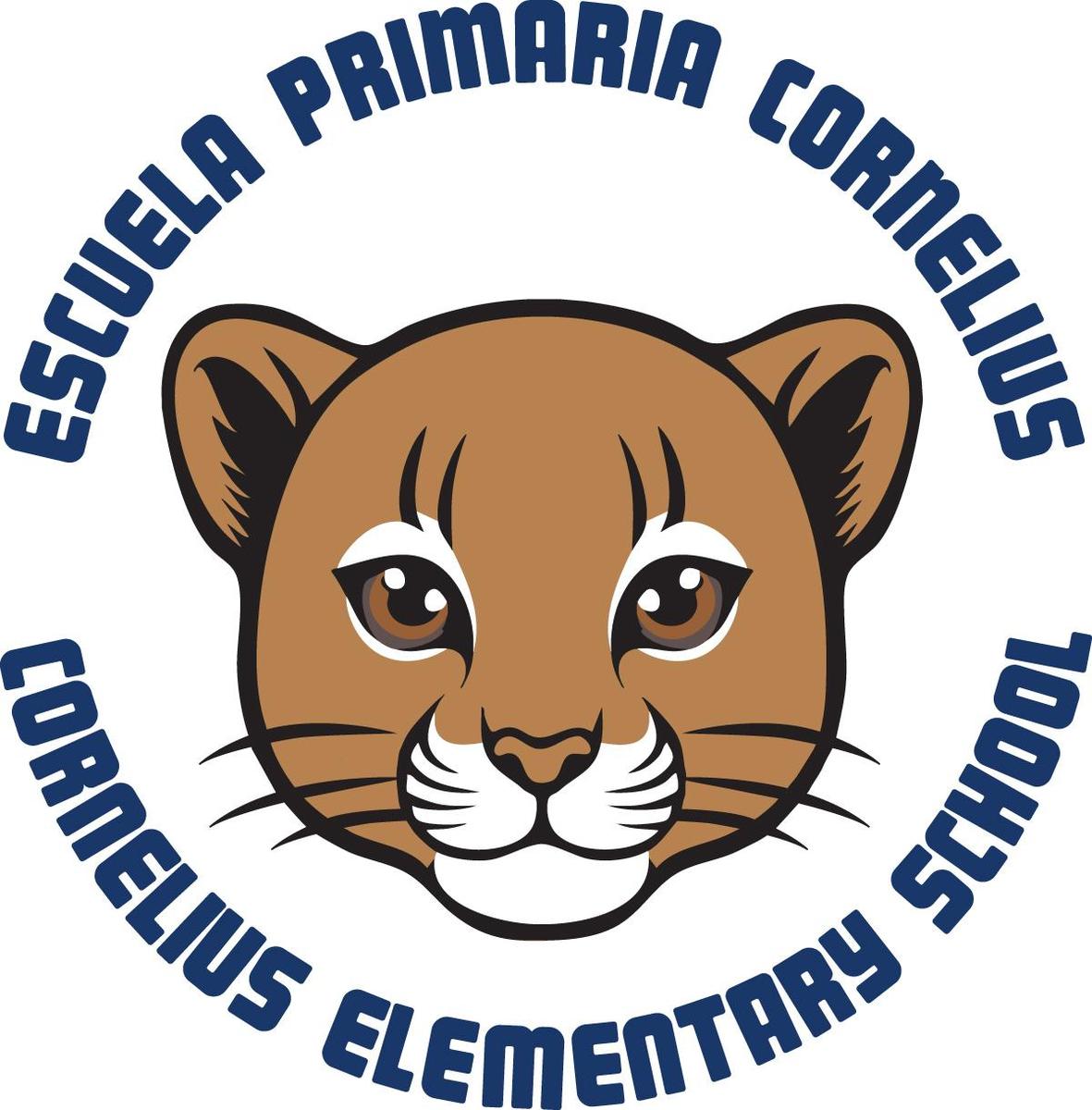 Cornelius cougar logo with Cornelius Elementary school in Spanish and English