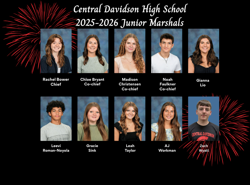 Central Davidson High School 2025-2026 Junior Marshals - Rachel Bower (chief), Chloe Bryant (co-chief), Madison Christensen (co-chief), Noah Faulkner (co-chief), Gianna Lio, Leevi Roman-Noyola, Gracie Sink, Leah Taylor, AJ Workman, Zach Wyatt