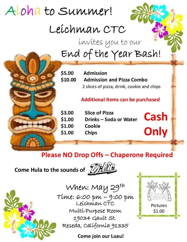 Flyer for Luau Dance, Friday May 29th 6 to 9pm @ Leichman CTC
