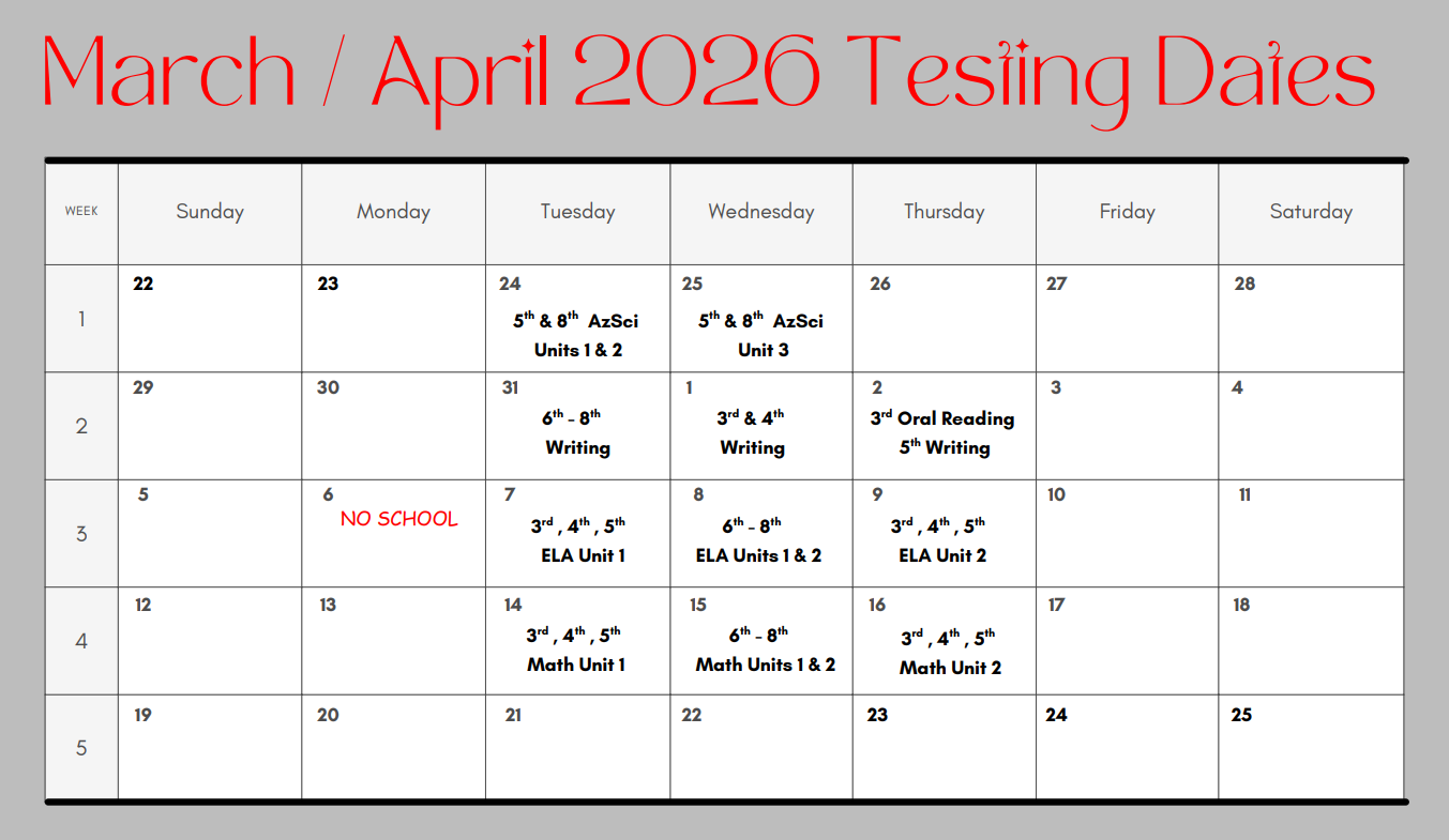 Red and Grey calendar of testing dates