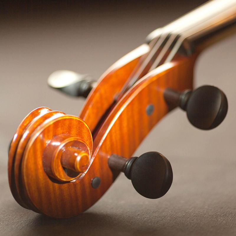 Close crop of the very top of a violin resting on a table