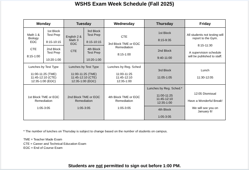Fall Exam 2025 Schedule update