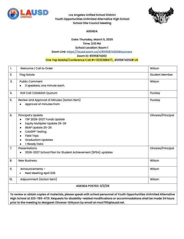 YOUAHS SSC meeting flyer for March 5, at 2:10 PM. Zoom link, agenda, and contact info