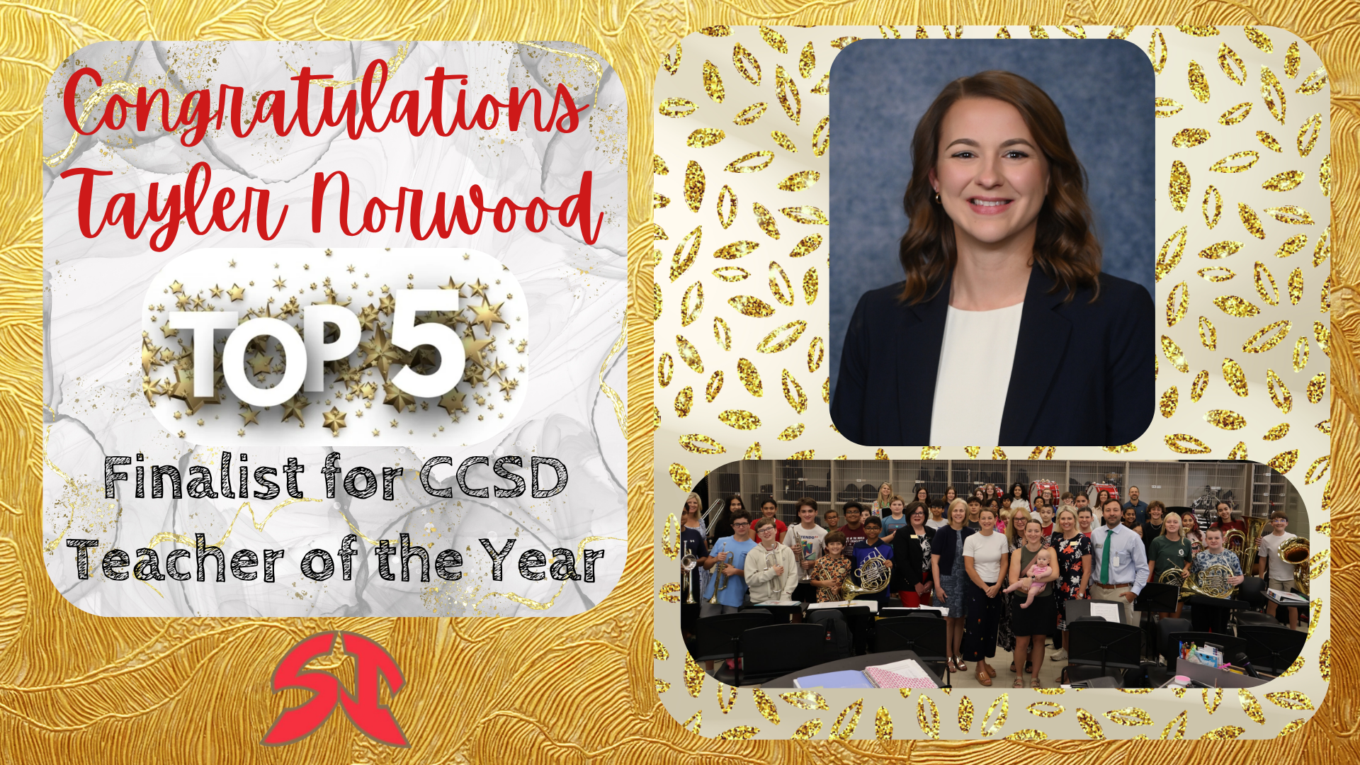 Congratulations card featuring Taylen Norwood as a Teacher of the Year finalist.