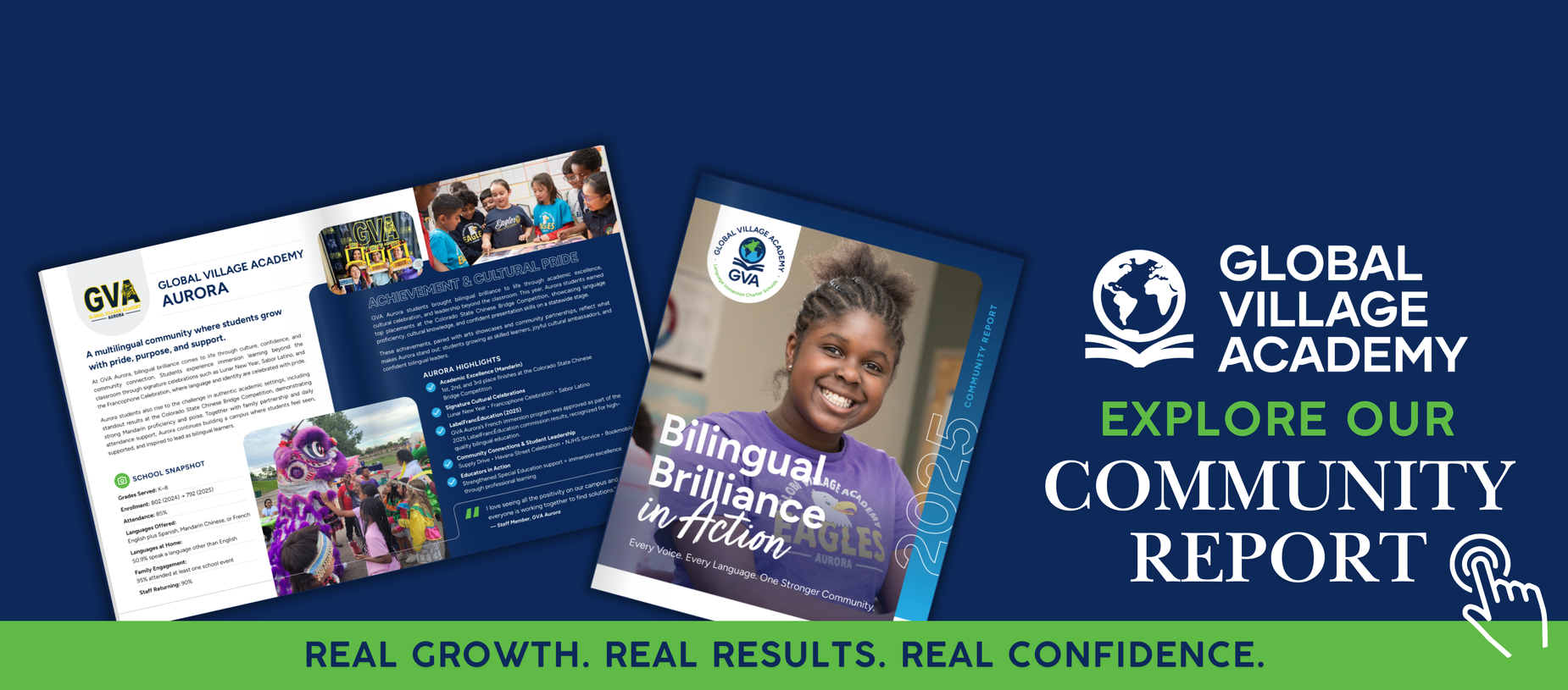 Community report highlighting bilingual education and achievements.
