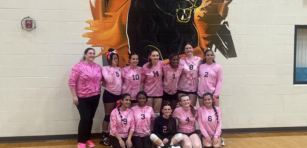 Girls volleyball team breast cancer awareness game.