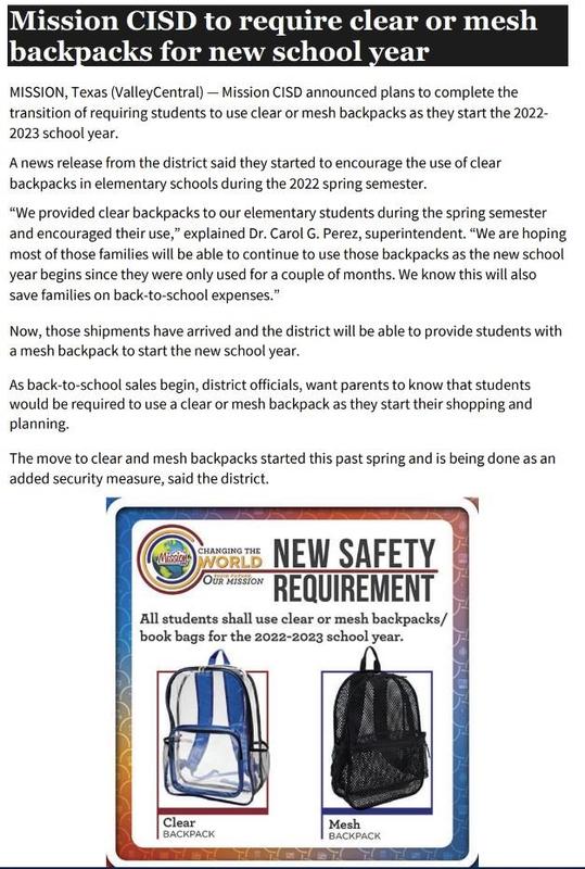 Clear/Mesh Backpack Policy for the 20222023 School Year Pearson