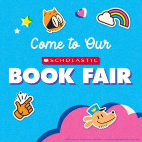 BLUE POSTER WITH STICKERS FOR BOOK FAIR