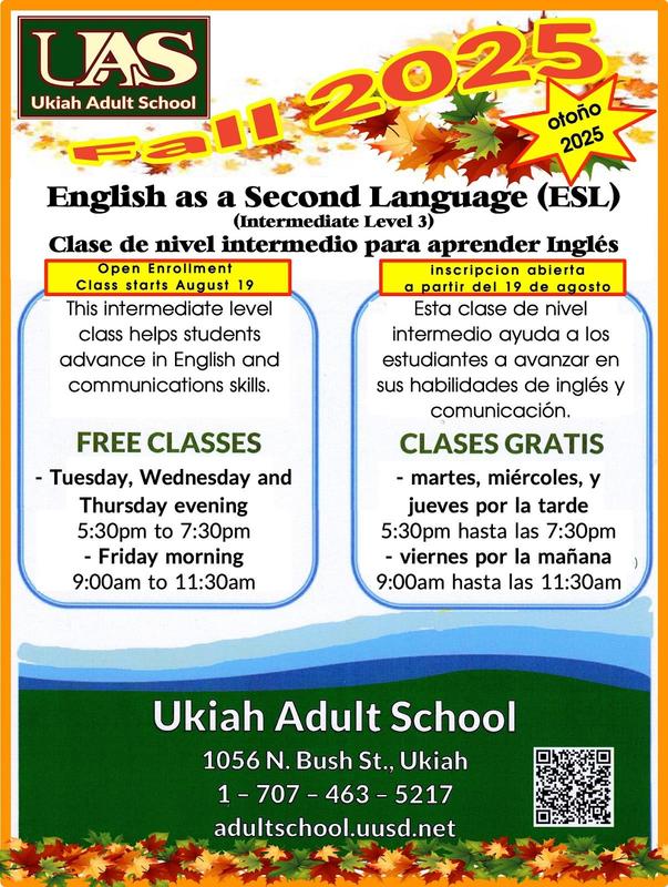Free Intermediate English as a Second Language class (Level 3) class poster.  Class starts on Tuesday, August 18, 2025 at 5:30pm.