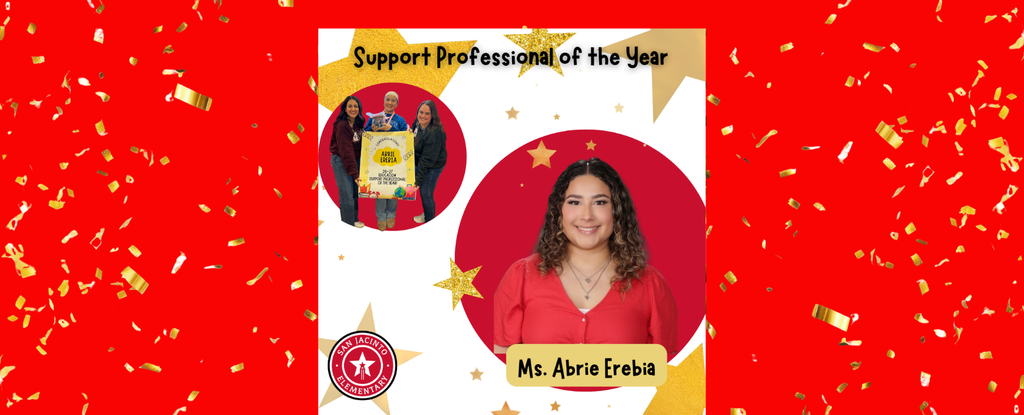 Celebratory design featuring Ms. Abrie Erebia as Support Professional of the Year.