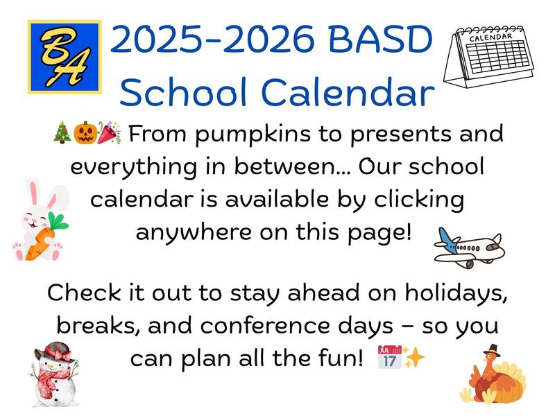 2025-2026 BASD School Calendar with festive icons and information about holiday planning.