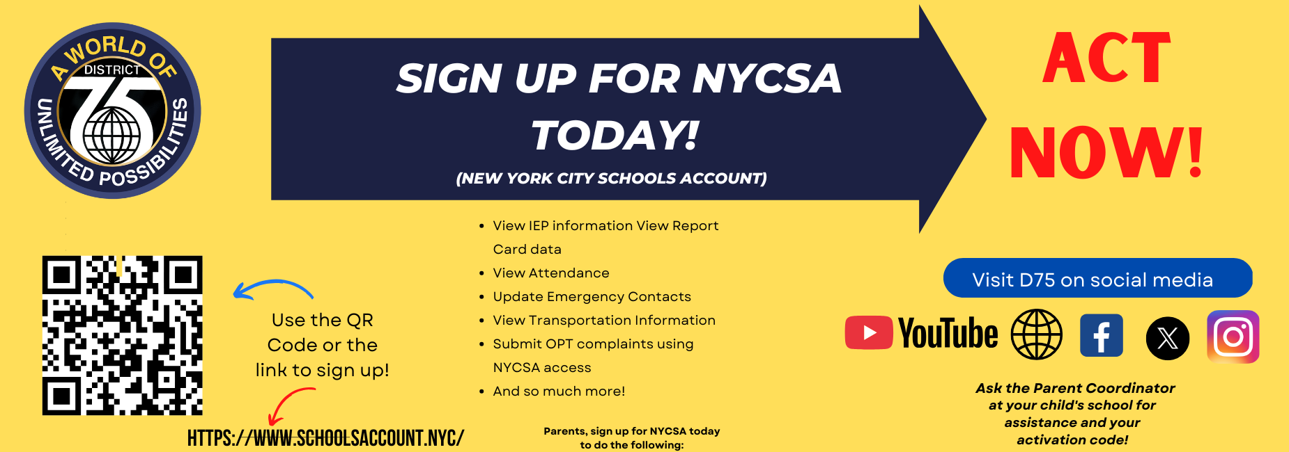 Banner promoting NYC Schools Account sign-up with QR code and various services listed.
