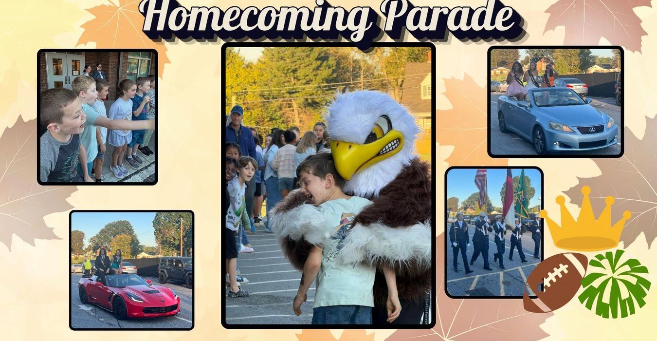 A collage of a homecoming parade featuring children, a mascot, cars, and performers.
