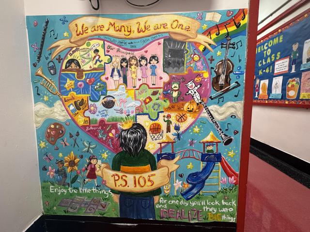 Vibrant mural celebrating diversity and community at PS 105.