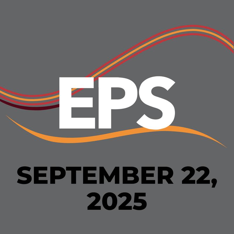 Bold text displaying 'EPS' and 'September 22, 2025' over a gray background with colorful waves.