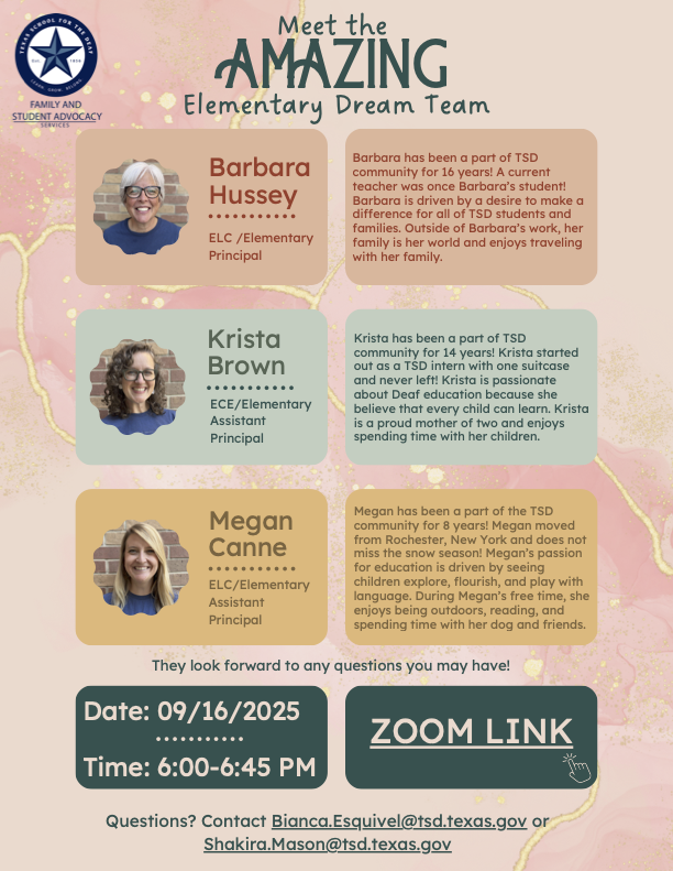 Flyer introducing TSD Elementary Dream Team: Barbara Hussey, Krista Brown, and Megan Canne with event details.