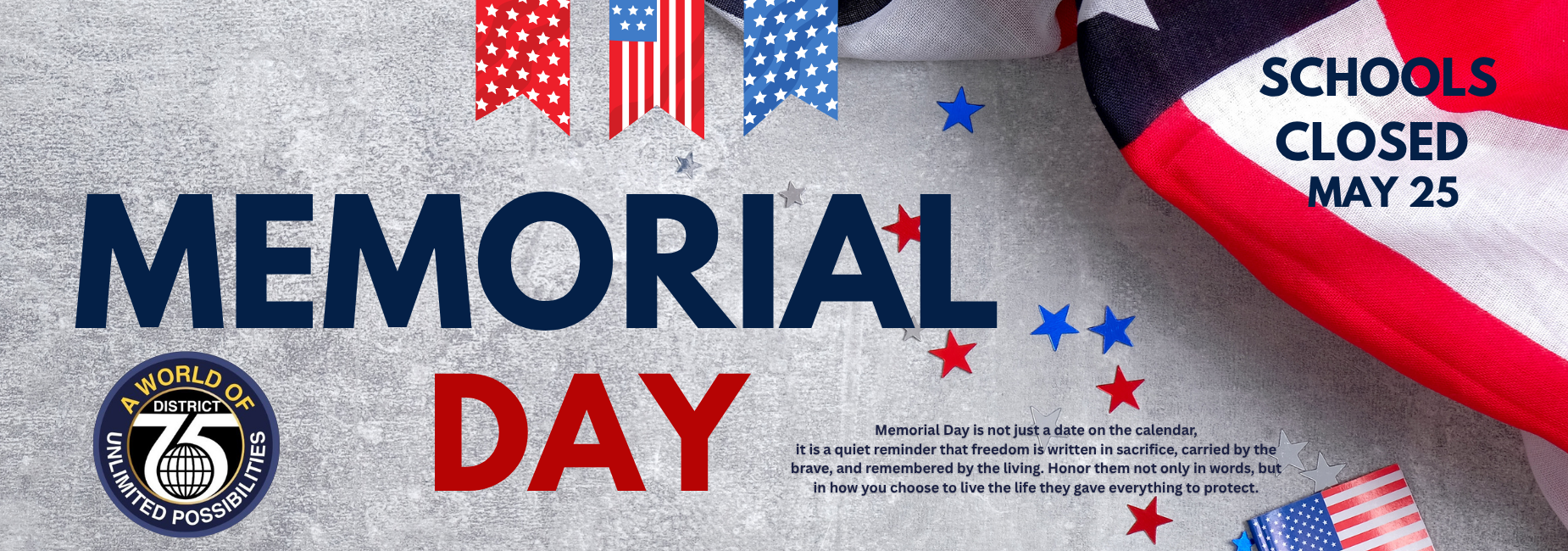 Text promoting Memorial Day with American flag and patriotic decorations.