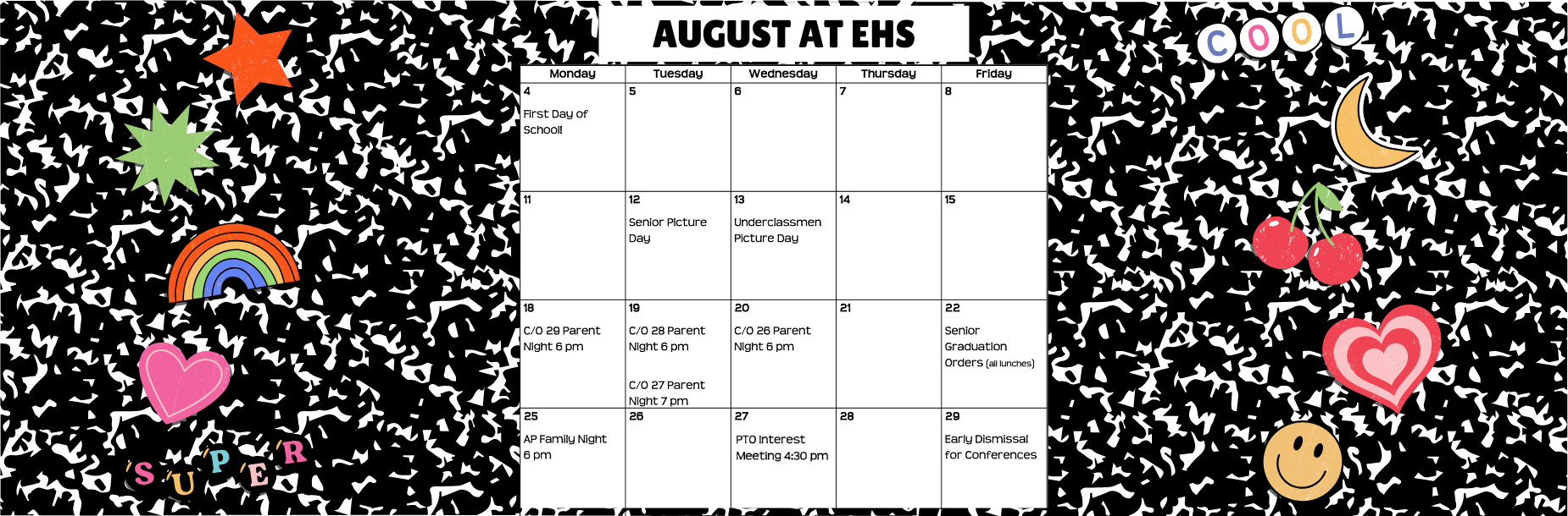 Monthly calendar for August with events listed and colorful decorative elements.