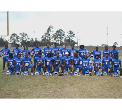 group photo of high school football players in uniforms on football field