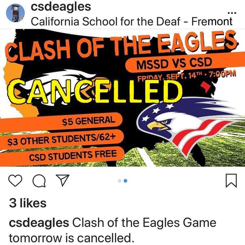 This Friday football game at CSD is canceled.