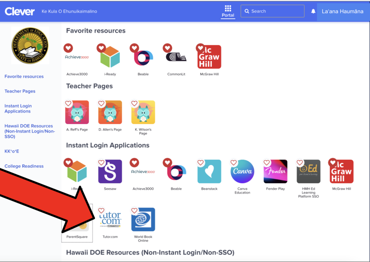 Screenshot showcasing the clever homepage and an arrow pointing to the tutor.com app