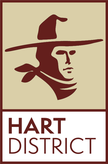 Burgandy silhouette of a cowboy on a tan background with text that reads Hart District
