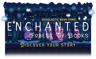 Whimsical forest scene with glowing eyes and lanterns, featuring text about a book fair.