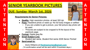 Announcement to seniors, parents and guardians about the March 1 due date for senior pictures for the yearbook.