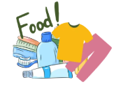 A collection of items including food, clothing, and cleaning products.