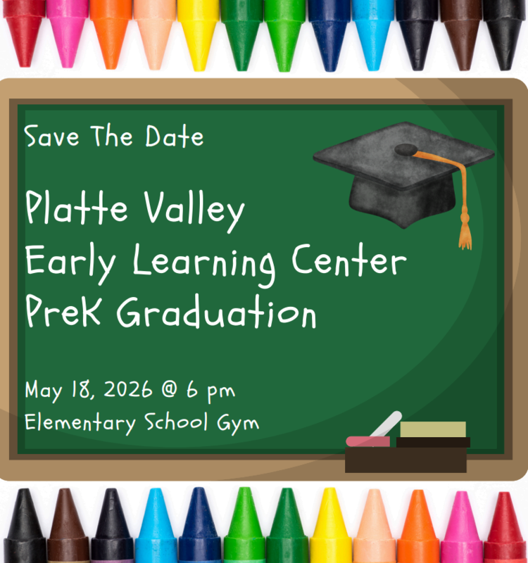 chalk board informing families of preschool graduation scheduled for May 18, 2026 at 6:00 pm