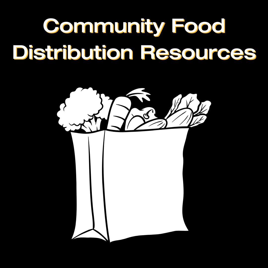 Image includes the title "Community Food Distribution Resources" and includes an icon of a grocery bag full of food items.