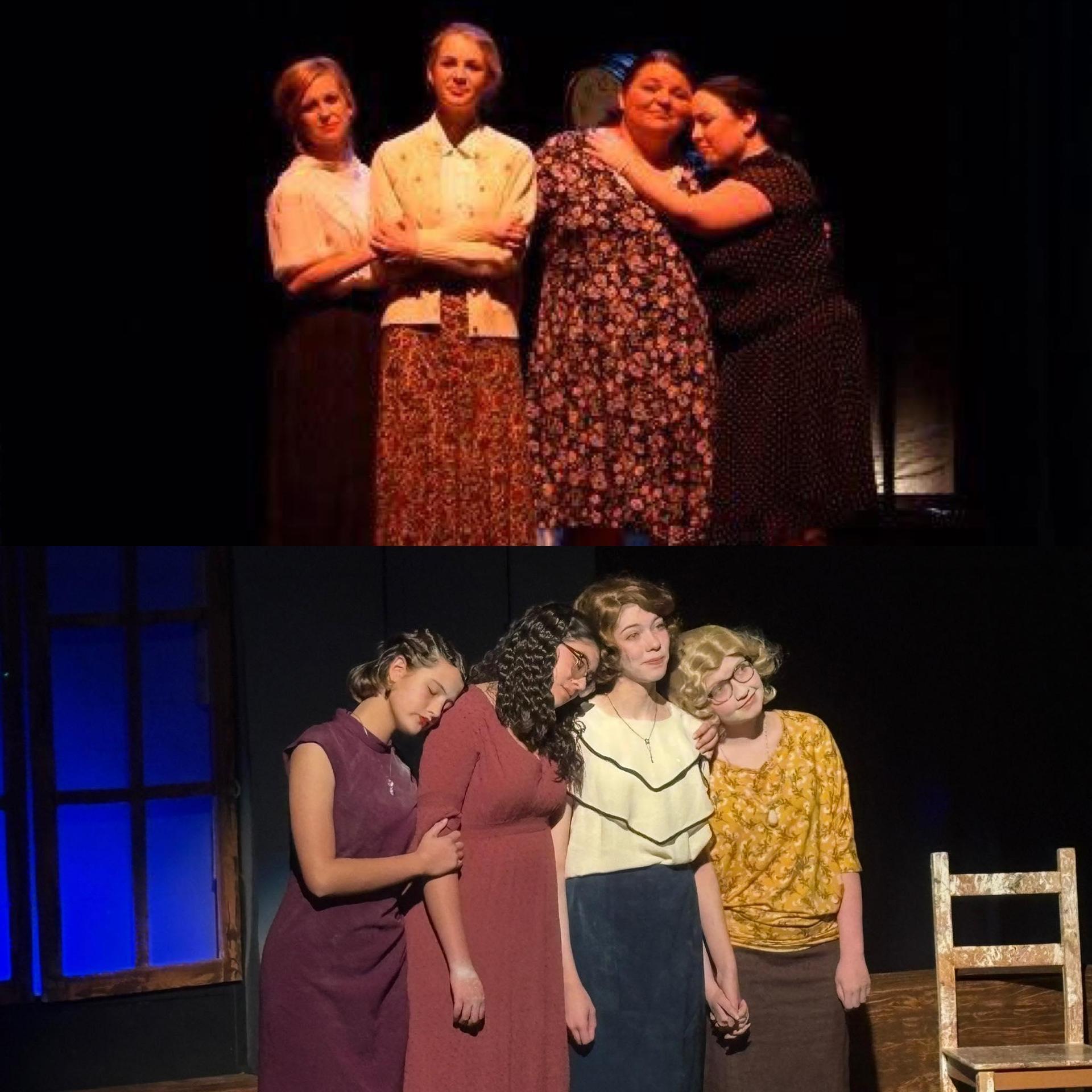 Two photos show students dressed as "the Radium Girls" in 1920s style dresses. The top photo is from Ms. Fajardo's play when she was in high school. The bottom photo is of the current play at Meridian.