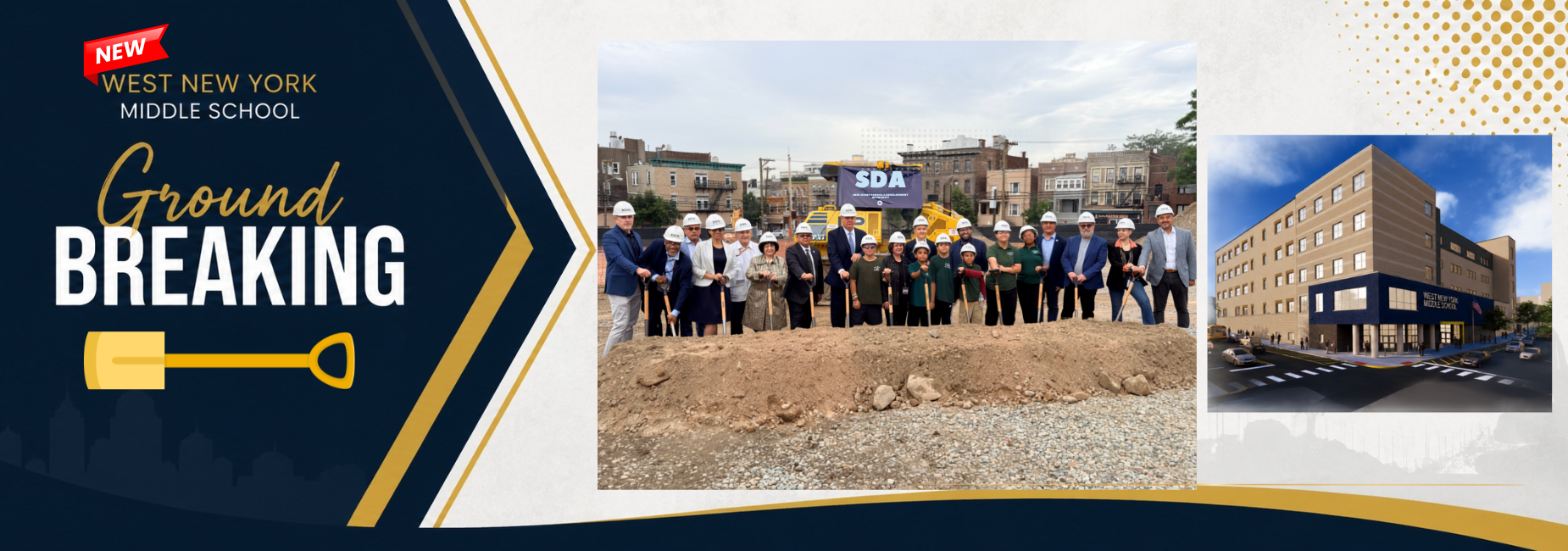 Groundbreaking event for a new middle school with attendees in hard hats.