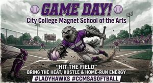 "Game Day!" graphic for City College Lady Hawks softball, showing a hawk diving to make a catch.