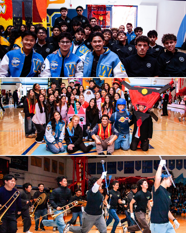 Groups of students posing together in colorful outfits at a festive event in a gym.